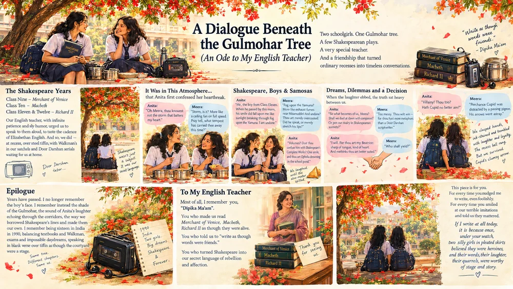 Comic-book preview of two school friends discussing Shakespeare beneath a gulmohar tree, shown in illustrated story panels